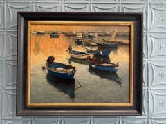 "Docked in the Evening Light" Realist oil painting, boats reflecting on water