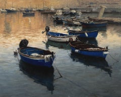 "Atracado a la luz del atardecer" Pintura al óleo realista, barcos reflejándose en el agua