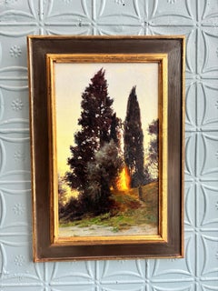 "Brasas de la Tarde"  pintura al óleo, brillante puesta de sol entre altos árboles, Italia.