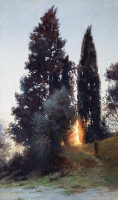 "Brasas de la Tarde"  pintura al óleo, brillante puesta de sol entre altos árboles, Italia.