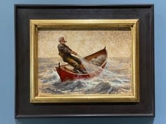 "Hauling The Net "Oil Painting, Fisherman at Sea, Signed, Framed, 14.5x17.625 in