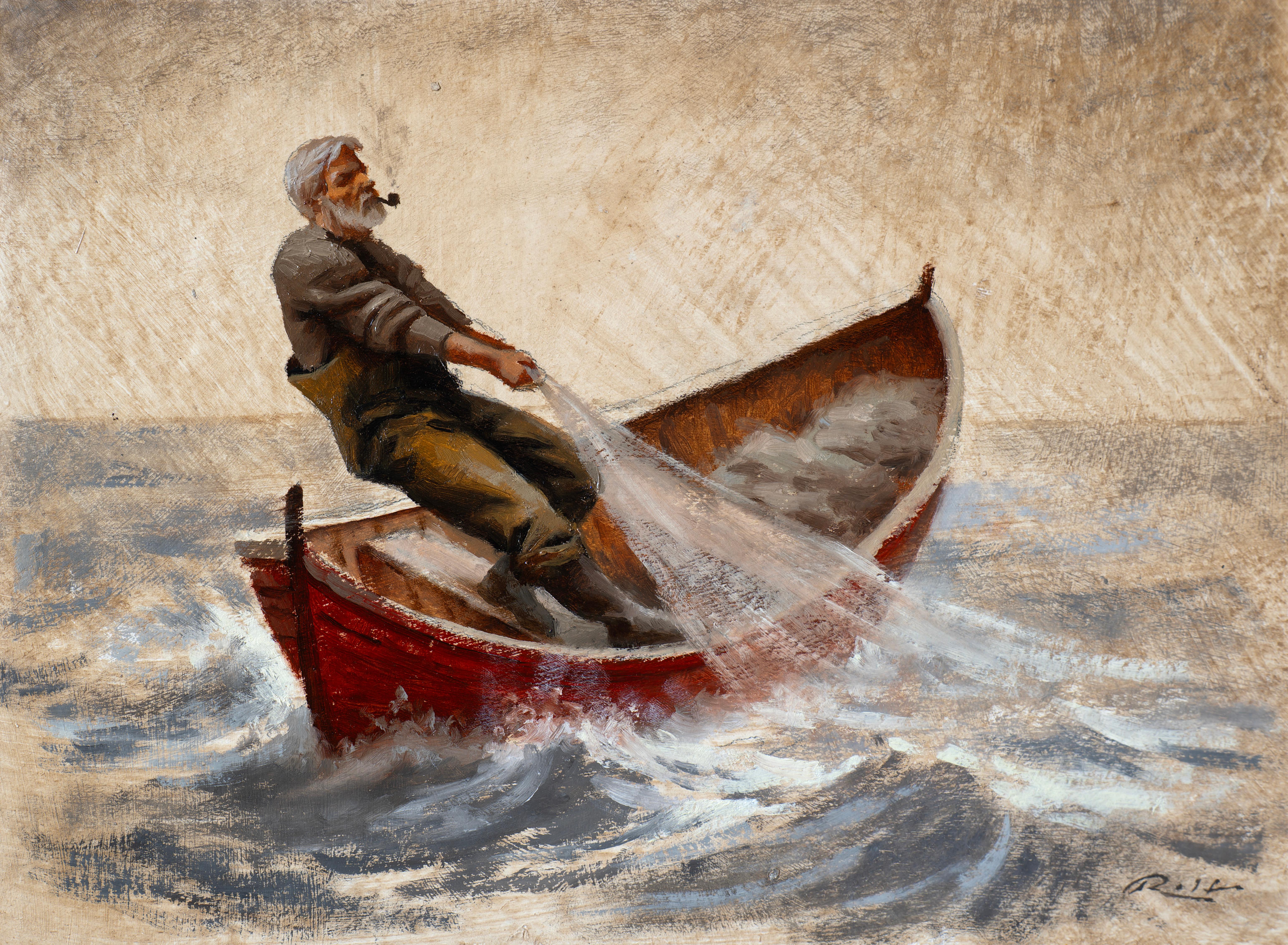 "Hauling The Net "Oil Painting, Fisherman at Sea, Signed, Framed, 14.5x17.625 in