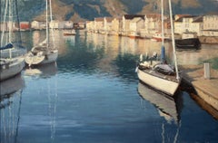 “Henningsvaer” oil painting, realist seascape, sailboats, golden light, framed