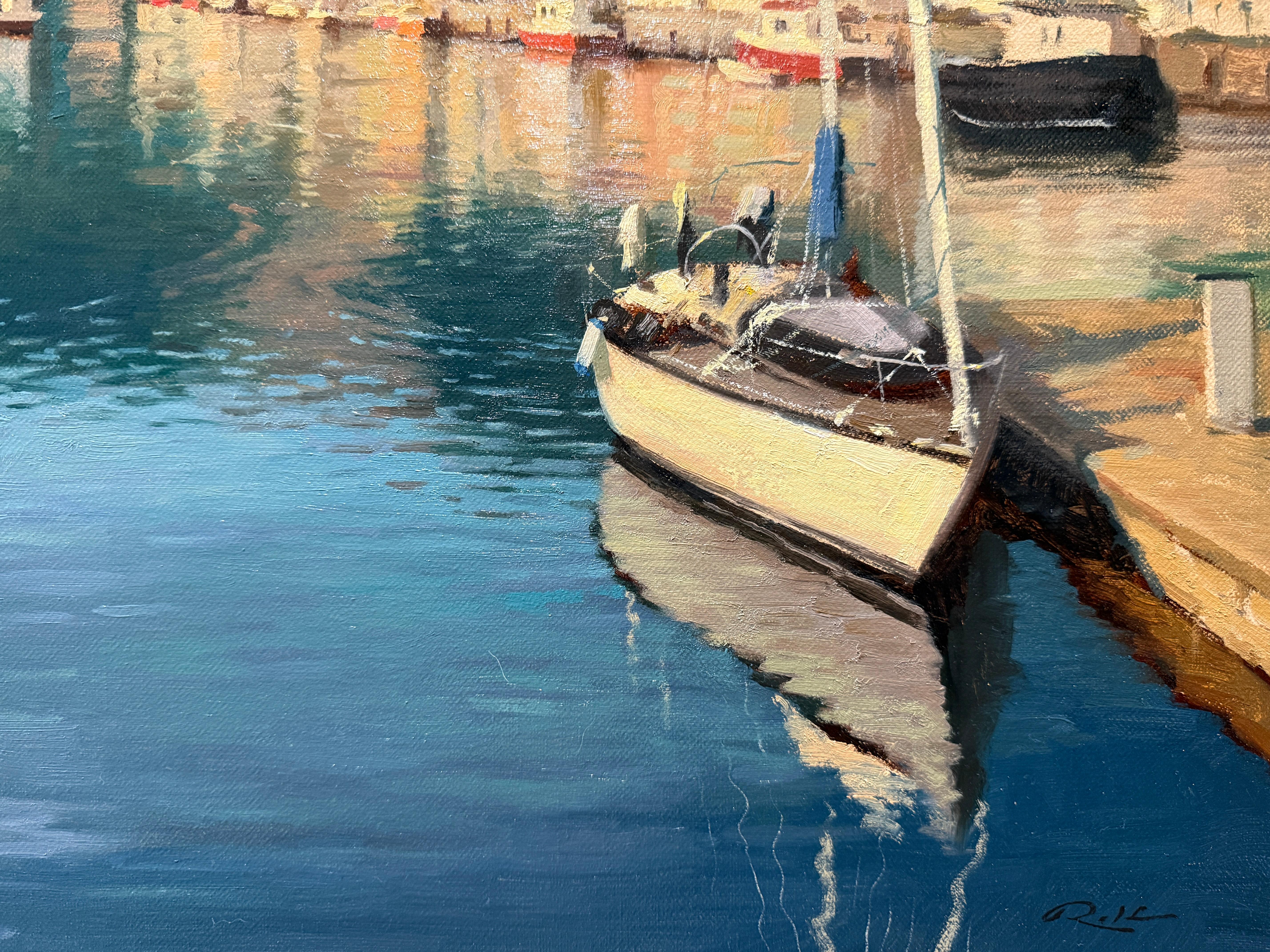 Une peinture à l'huile de Rolf Hellem  (b. 1998,  Norvège) du port de Henningsvær, un village de pêcheurs de la municipalité de Vågan, dans le comté de Nordland, en Norvège. Elle est située sur plusieurs petites îles au large de la côte sud de la