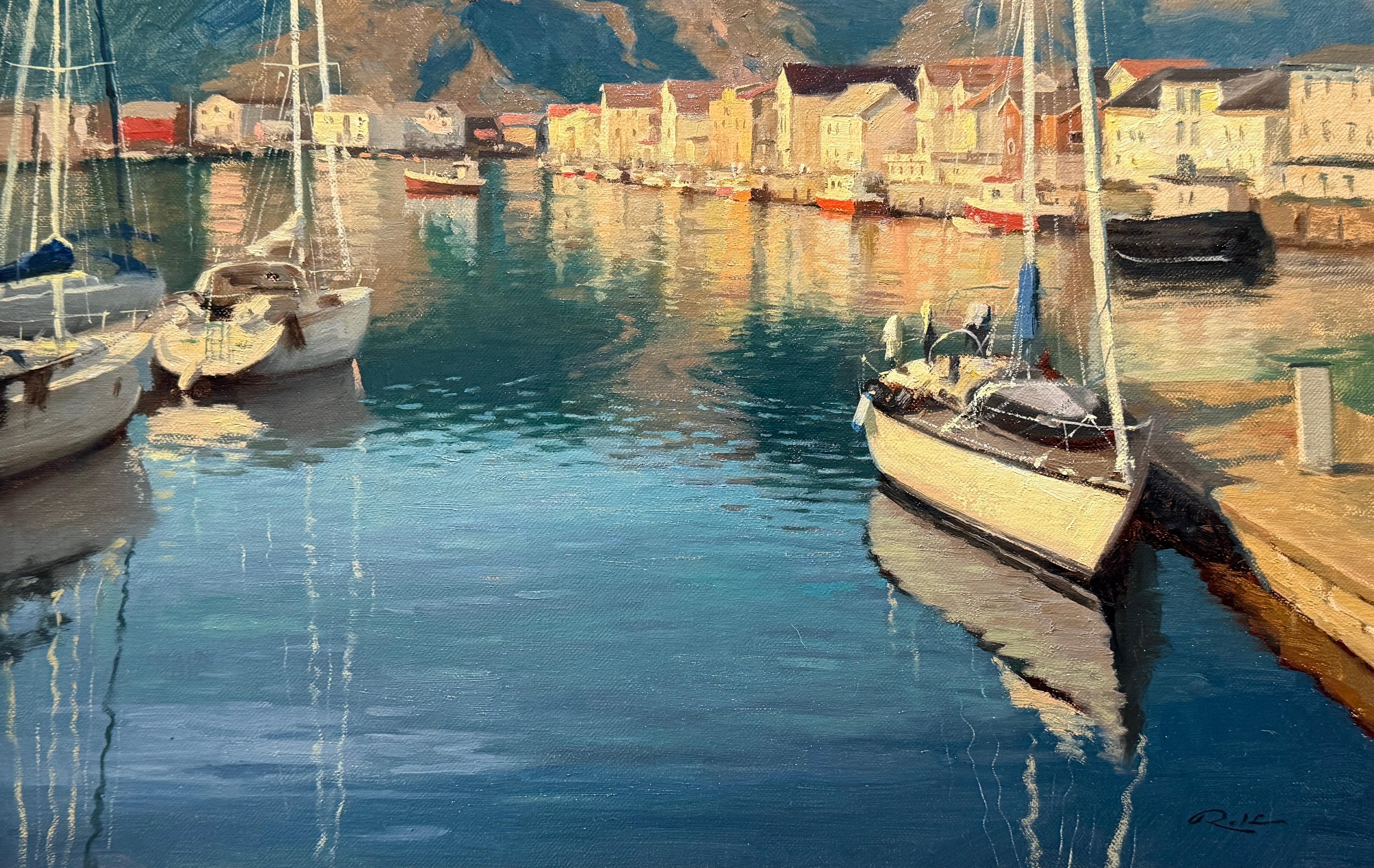 Landscape Painting Rolf Hellem - "Henningsvaer" peinture à l'huile, paysage marin réaliste, voiliers, lumière dorée, encadrée