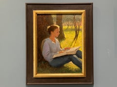 “Reading Under The Tree” Oil Painting, Woman reading outdoors, Signed & Framed