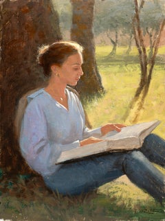 “Reading Under The Tree” Oil Painting, Woman reading outdoors, Signed & Framed