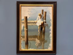 «Reflexiones»: cuadro impresionista al óleo, mujer en el muelle, vestido blanco, enmarcado