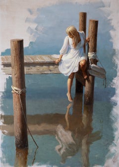 “Reflections” Impressionist Oil Painting, Woman on Dock, White Dress, Framed