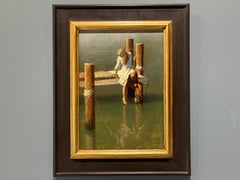 “Summer's Dip” Realist Oil Painting, Woman on Dock, Toe in Water, Signed, Framed