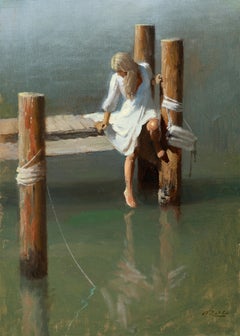 “Summer's Dip” Realist Oil Painting, Woman on Dock, Toe in Water, Signed, Framed
