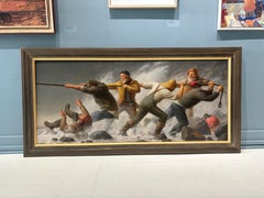 Peinture à l'huile The Fisherman's Fight, réalisme narratif, personnages chevauchant un bateau