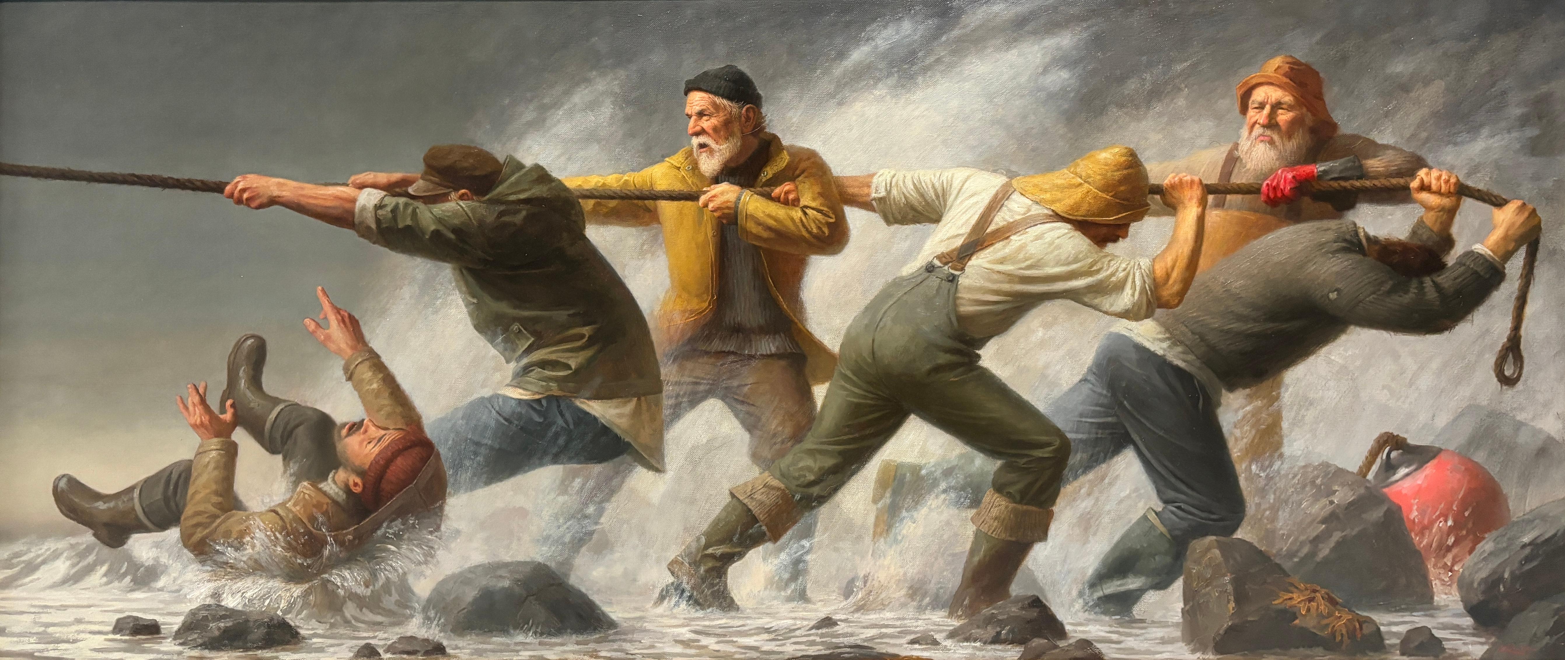 Landscape Painting de Rolf Hellem - "La lucha del pescador" pintura al óleo, realismo narrativo, figuras arrastrando la barca en