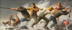"La lotta del pescatore", dipinto a olio, realismo narrativo, figure che trainano la barca