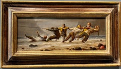 "The Fishermans Fight Study #1" small oil painting figures hauling boat to shore