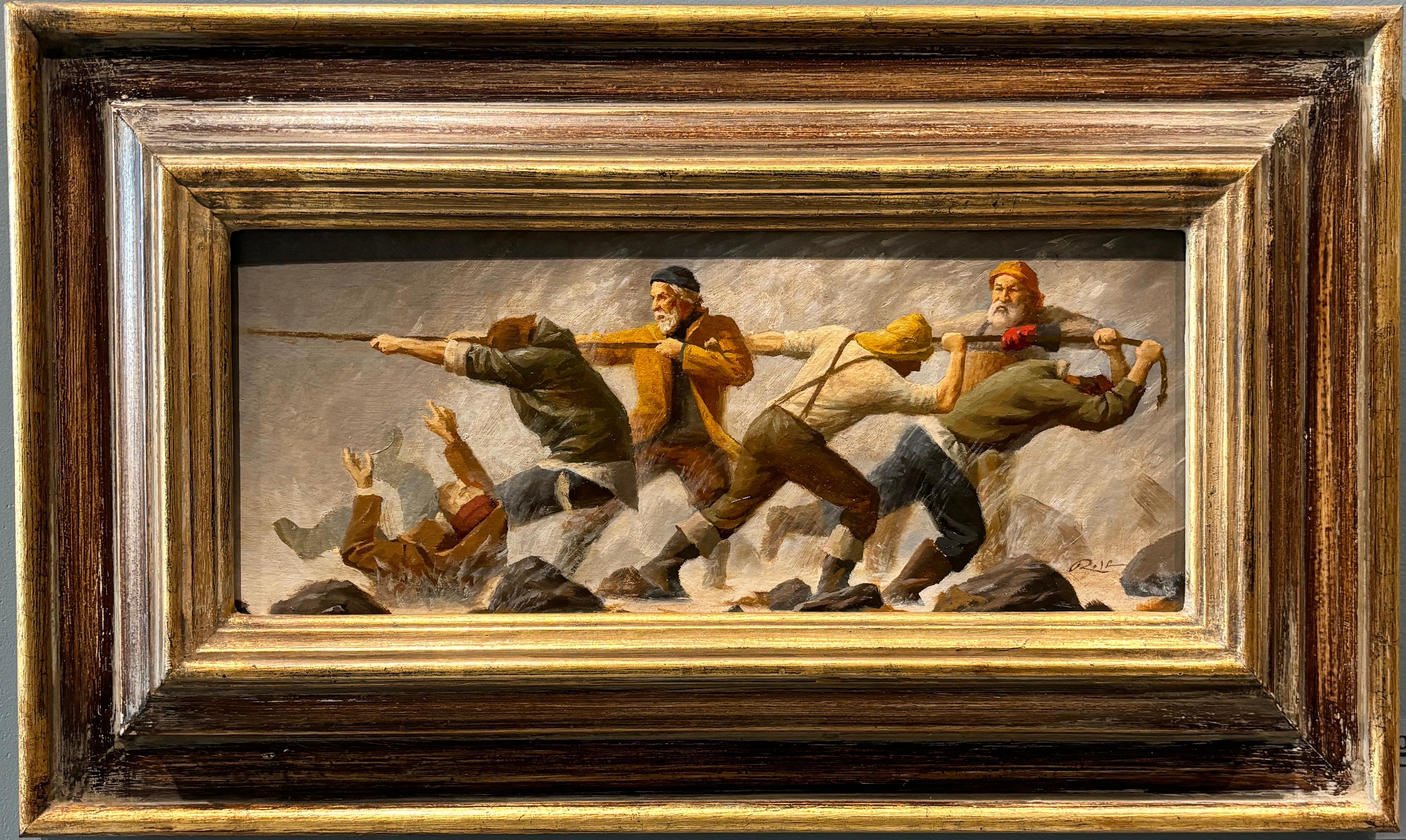 "The Fishermans Fight Study #2" oil painting, men hauling a boat in stormy seas
