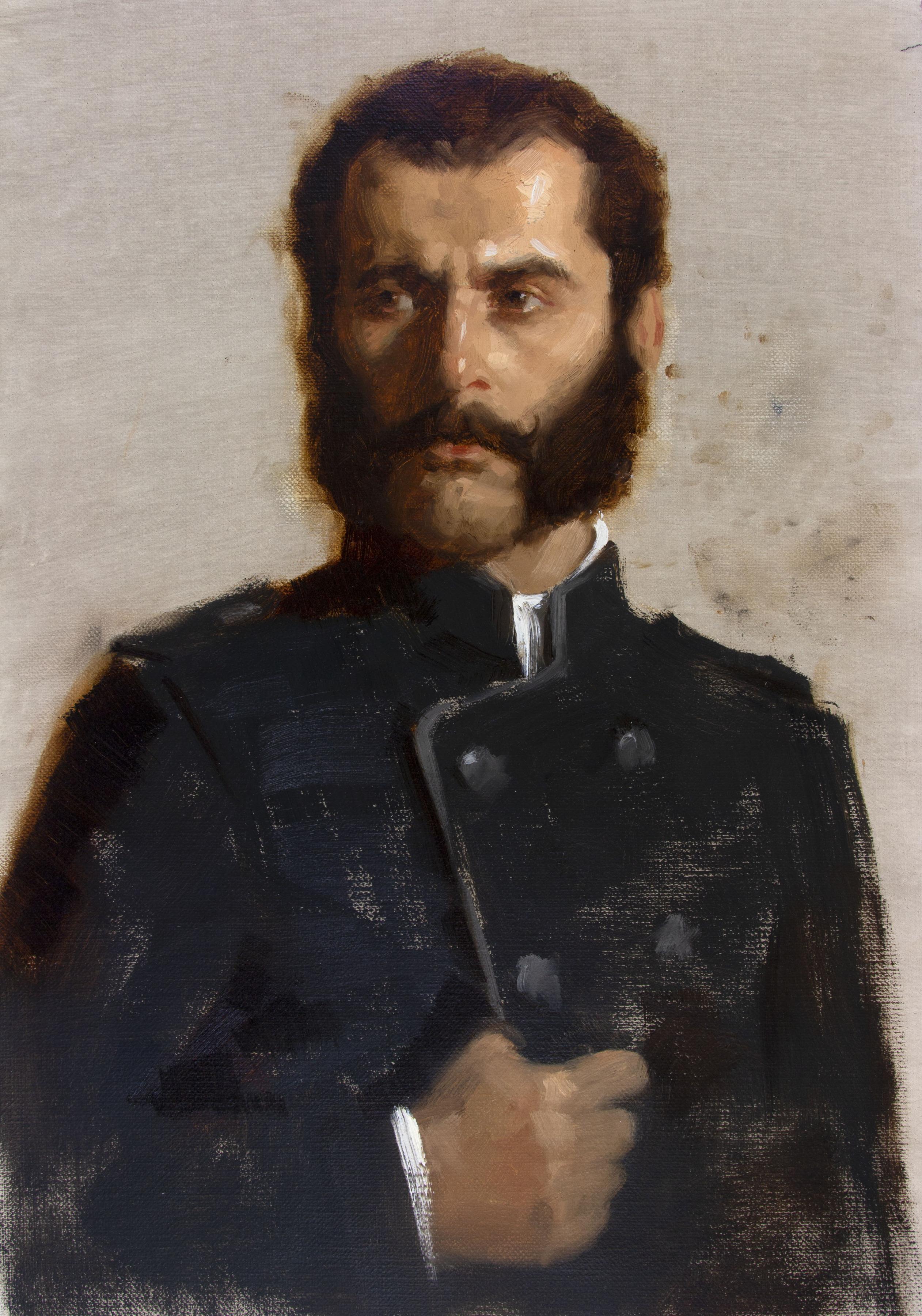 Figurative Painting de Rolf Hellem - "El General" óleo, retrato realista de oficial superior del ejército con patillas