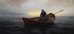 "The Long Row" - Dipinto a olio, paesaggio marino, pescatore, firmato, incorniciato