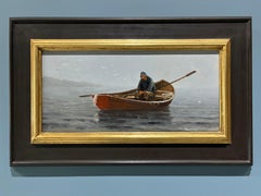«The Red Dory»: cuadro impresionista al óleo, firmado, pescador en un bote, tonos fríos