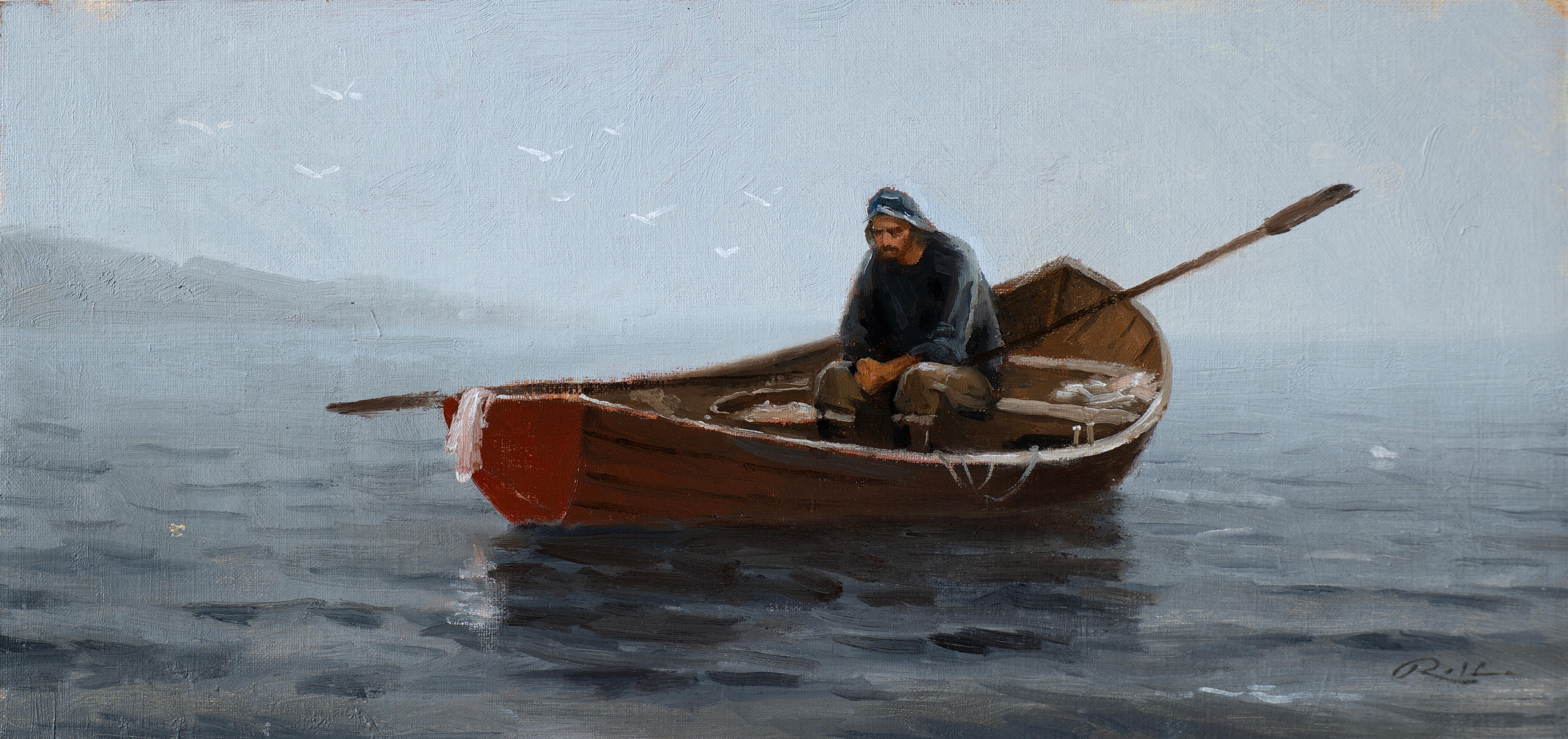 „The Red Dory“ – impressionistisches Ölgemälde, signiert, Fischer im Boot, kühle Farbtöne