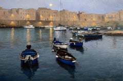 "La luna naciente" 2024 pintura al óleo, Luna llena sobre barcos en el agua en Italia
