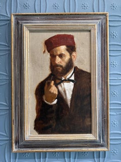 "The Turk" oil painting, realist portrait of a bearded man with pipe and red fez