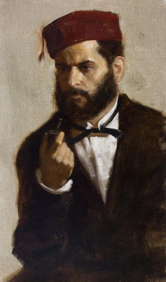 "The Turk" oil painting, realist portrait of a bearded man with pipe and red fez