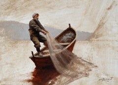 "The Weight of the Sea" oil painting, study; man casts fishing net from skiff