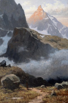 "Veil of the Highlands" oil painting, mountain peaks in Europe, Scotland, framed