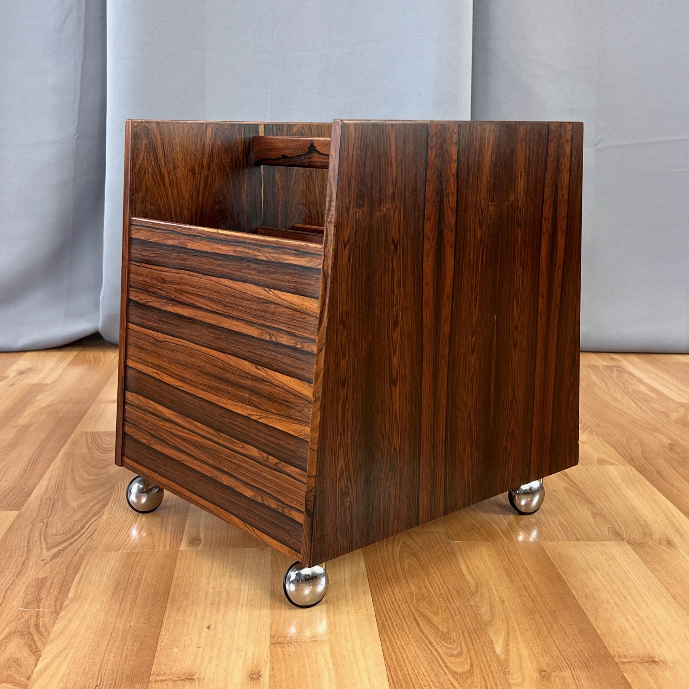 Rolf Hesland for Bruksbo Rosewood Magazine and LP Caddy on Wheels, Norway, 1960s In Good Condition In San Francisco, CA
