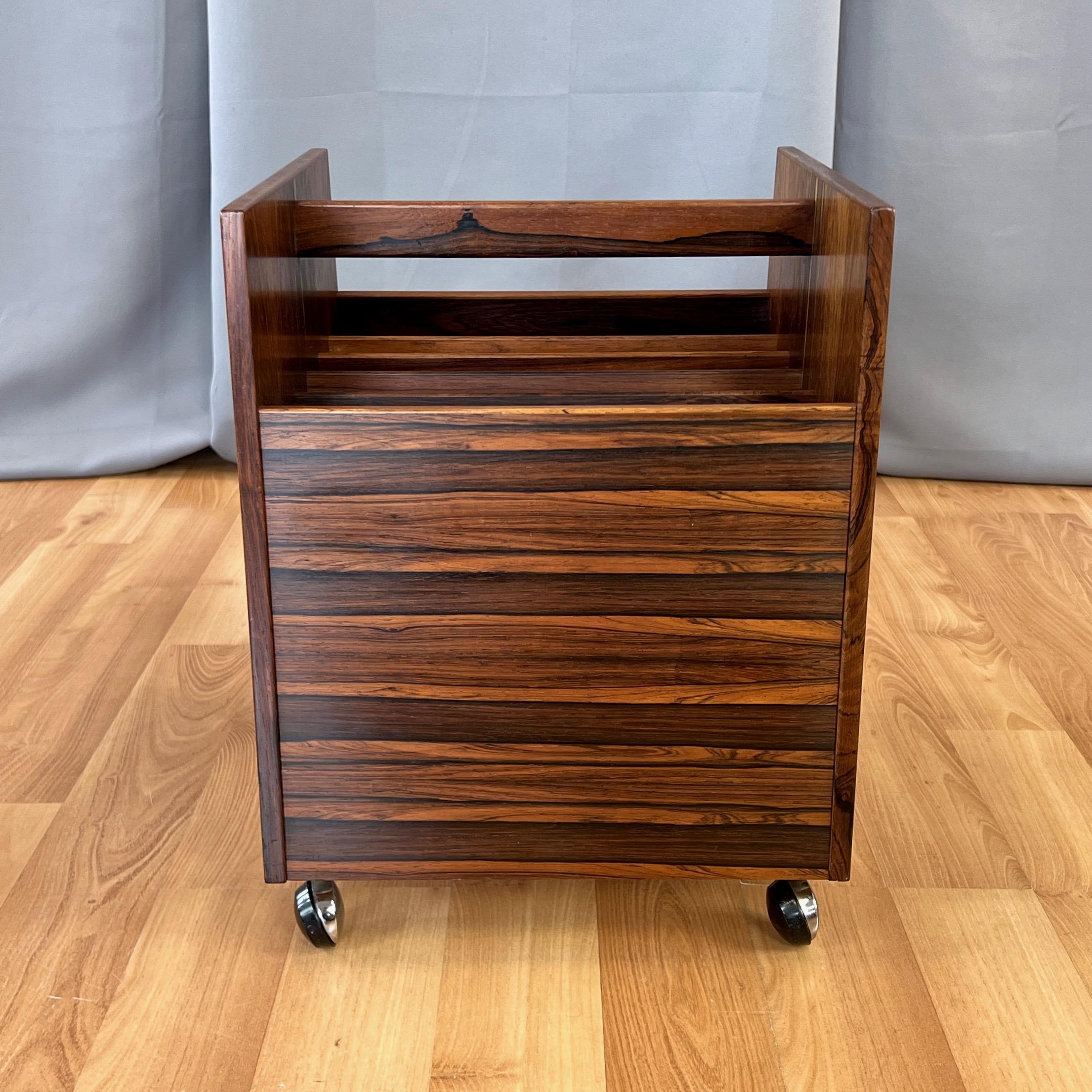 Mid-20th Century Rolf Hesland for Bruksbo Rosewood Magazine and LP Caddy on Wheels, Norway, 1960s