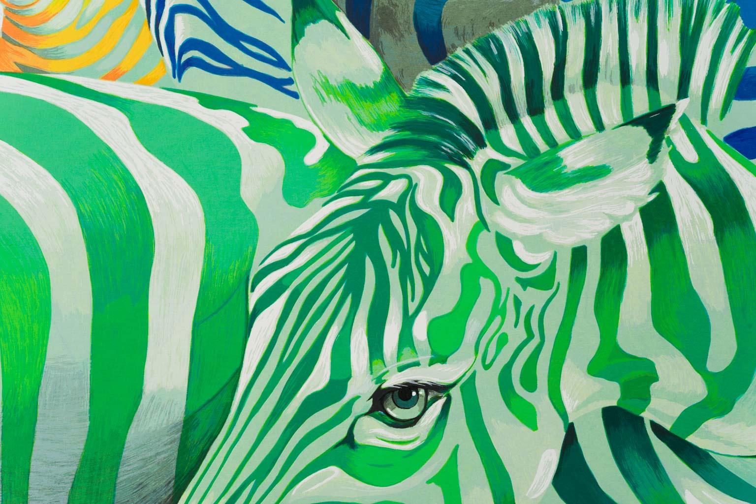 Zebra parade postmodern pop art of colorful zebra animal herd in vibrant colors - Print by Rolf Knie 