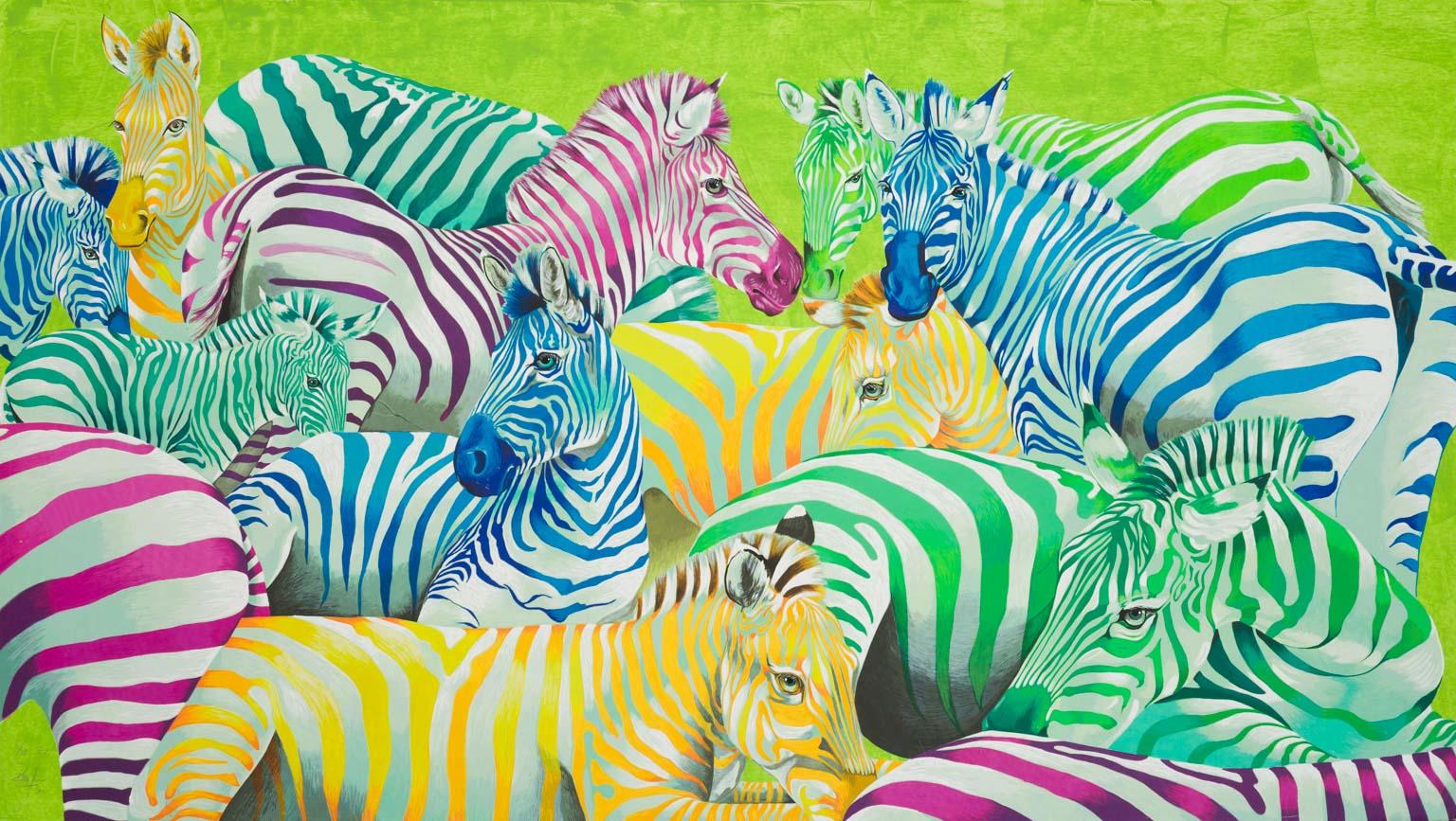 Rolf Knie  Animal Print - Zebra parade postmodern pop art of colorful zebra animal herd in vibrant colors 