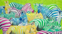 Zebra parade postmodern pop art of colorful zebra animal herd in vibrant colors 