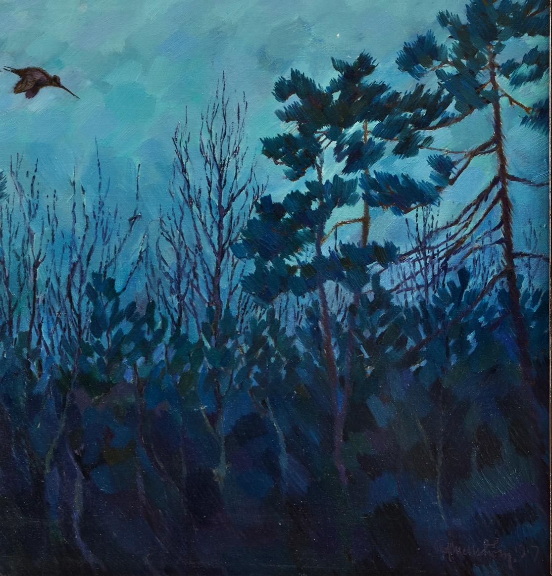 Dämmerung über dem Wald, mit Waldschnepfen – Painting von Rolf Mellström