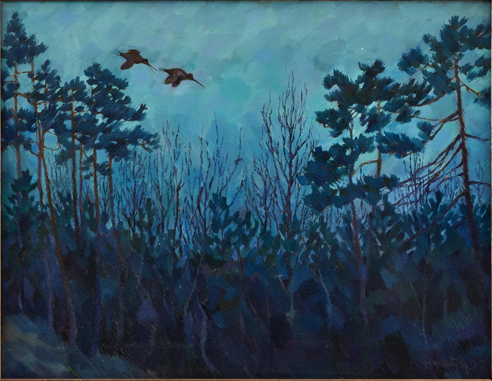 Dämmerung über dem Wald, mit Waldschnepfen (Schwarz), Landscape Painting, von Rolf Mellström