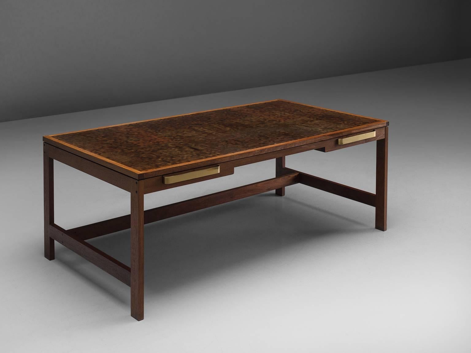 Rolf Middelboe for Gorm Lindum, dining table, brass and mahogany, Denmark, circa 1970.

This inlaid desk table by Rolf Middelboe for Gorm Lindum has mosaic structured tabletop, that consist of cubical pieces end-grain mahogany and other types of
