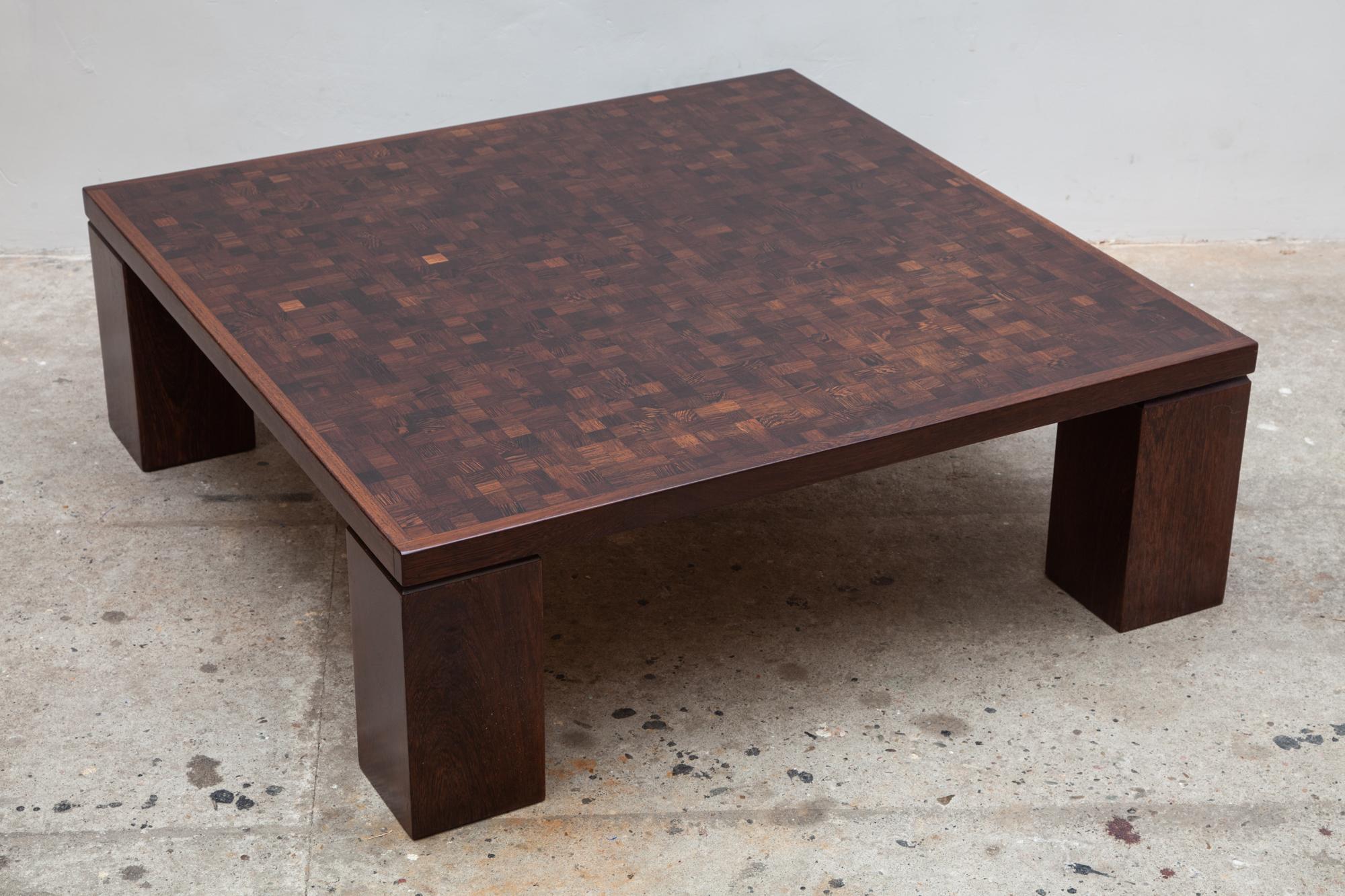 1970s table is an example of the great craftsmanship of Rolf Middelboe for Tranekaer Furniture, well designed basic and one high quality-coffee table with end grain wooden top Marquetry in wenge varnished.
The complex and organic pattern obtained