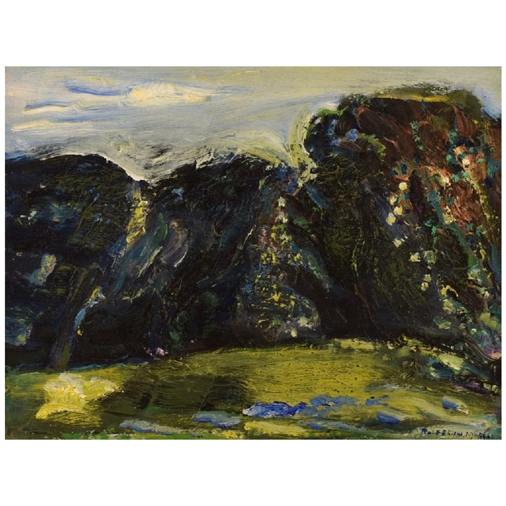 Rolf Nygren, Swedish Painter, Oil on Board, Modernist Landscape, 1960s For Sale