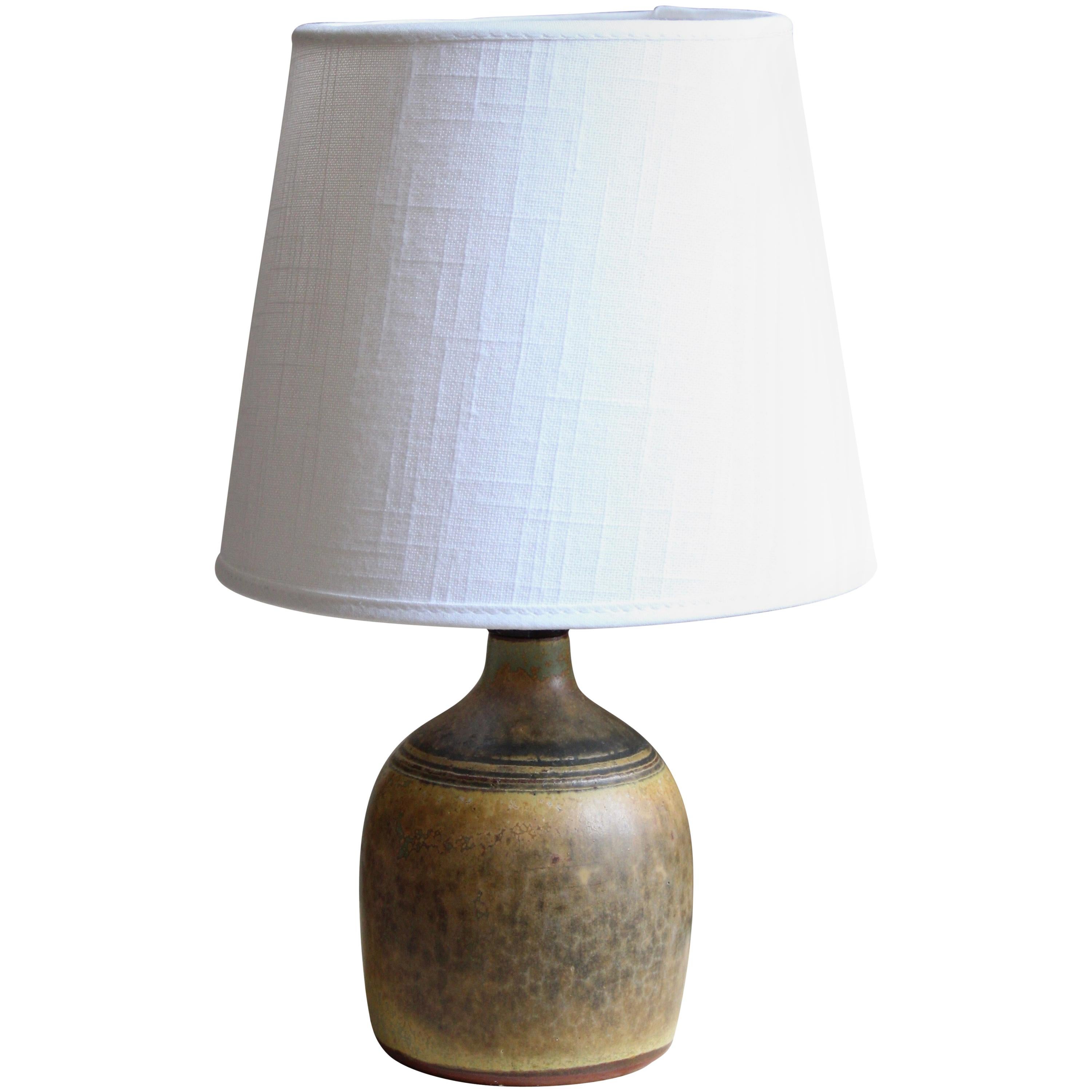 Rolf Palm, Small Table Lamp, Glazed Stoneware, Linen, Mölle, Sweden, 1962