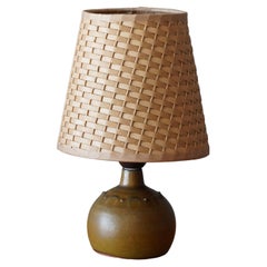 Rolf Palm, Small Table Lamp, Glazed Stoneware, Rattan, Mölle, Sweden, 1960s