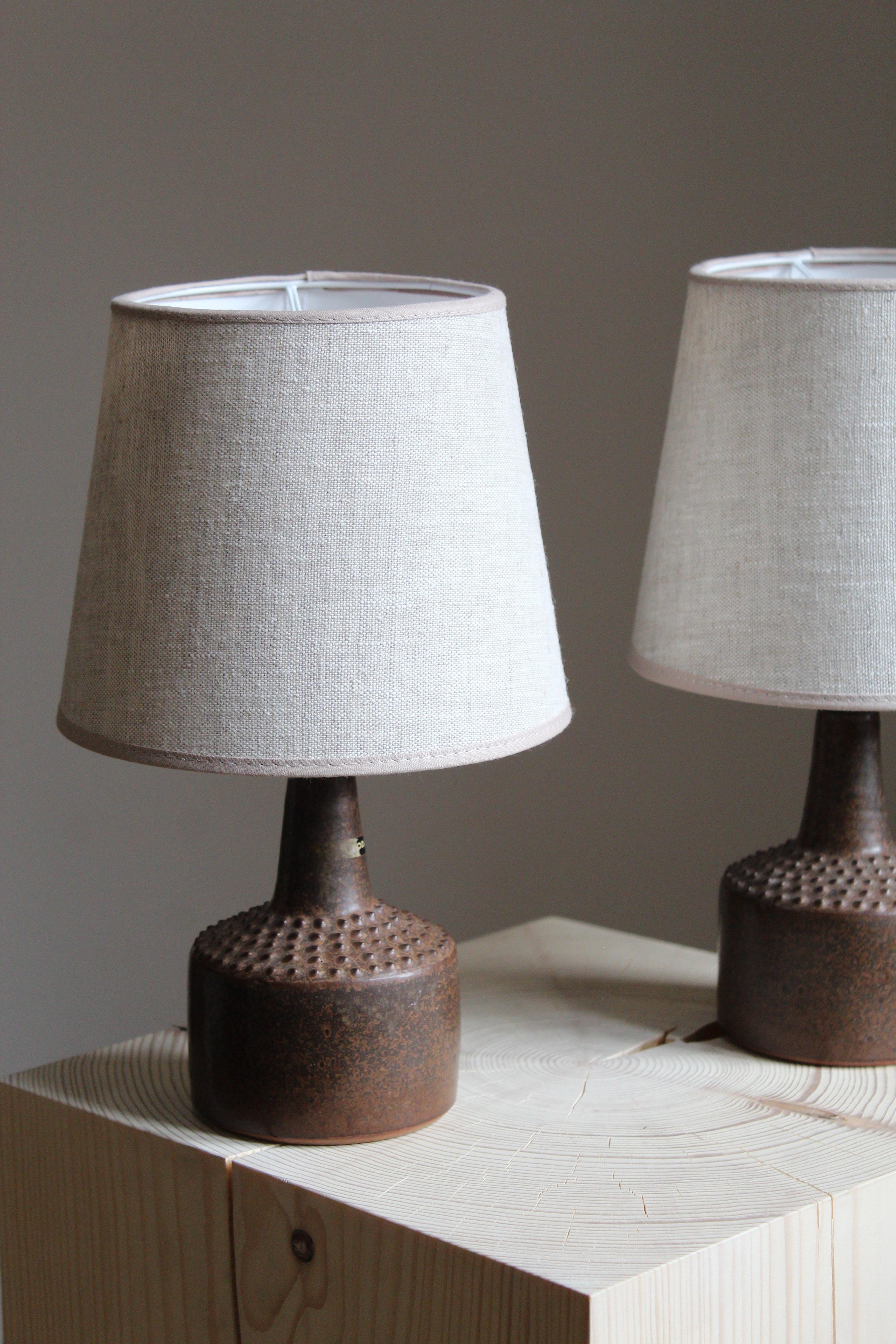 Mid-Century Modern Rolf Palm, Small Table Lamps, Glazed Stoneware, Linen, Mölle, Sweden, 1960s