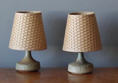 Rolf Palm, Small Table Lamps, Glazed Stoneware, Rattan, Mölle, Sweden, 1960s