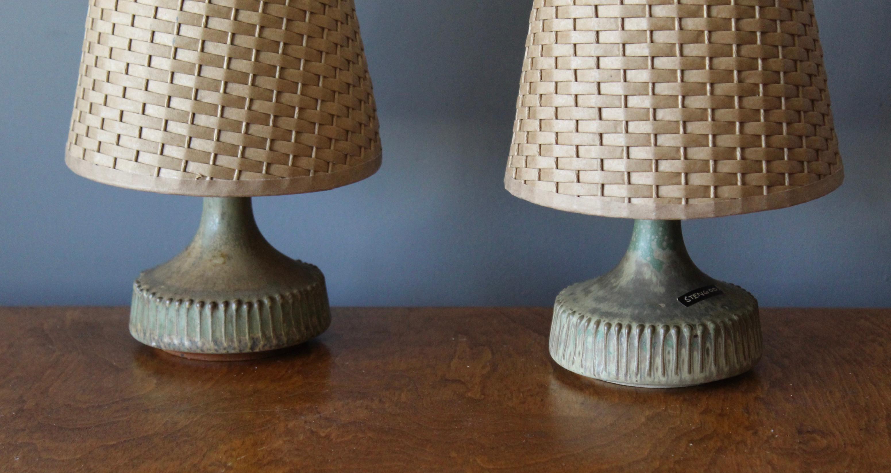 Mid-Century Modern Rolf Palm, Small Table Lamps, Glazed Stoneware, Rattan, Mölle, Sweden, 1960s