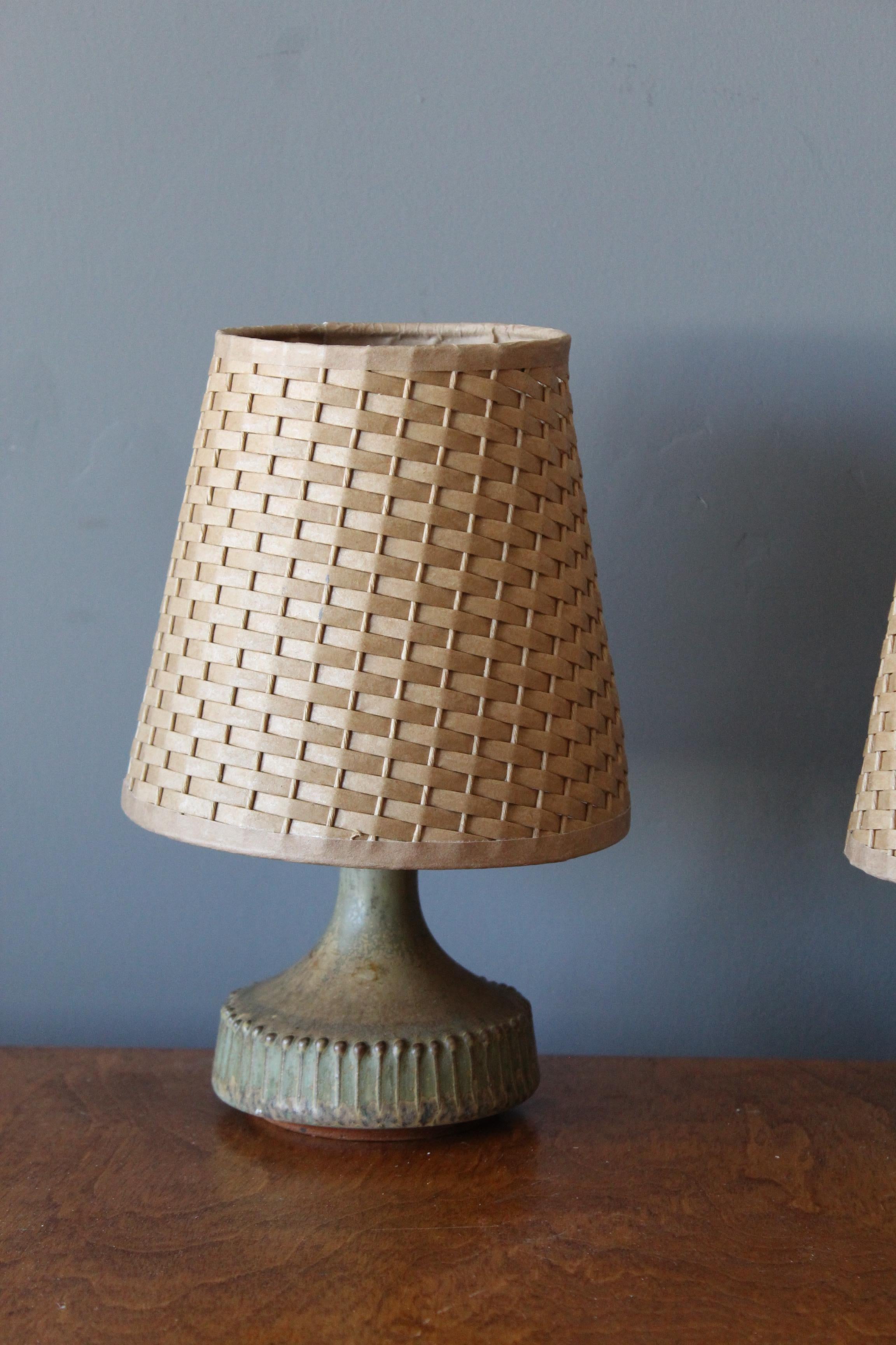 Swedish Rolf Palm, Small Table Lamps, Glazed Stoneware, Rattan, Mölle, Sweden, 1960s