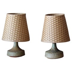 Rolf Palm, Small Table Lamps, Glazed Stoneware, Rattan, Mölle, Sweden, 1960s