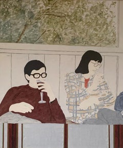 Portrait of a Man and Woman in Glasses, Vintage Oil Painting, Framed, 1970s