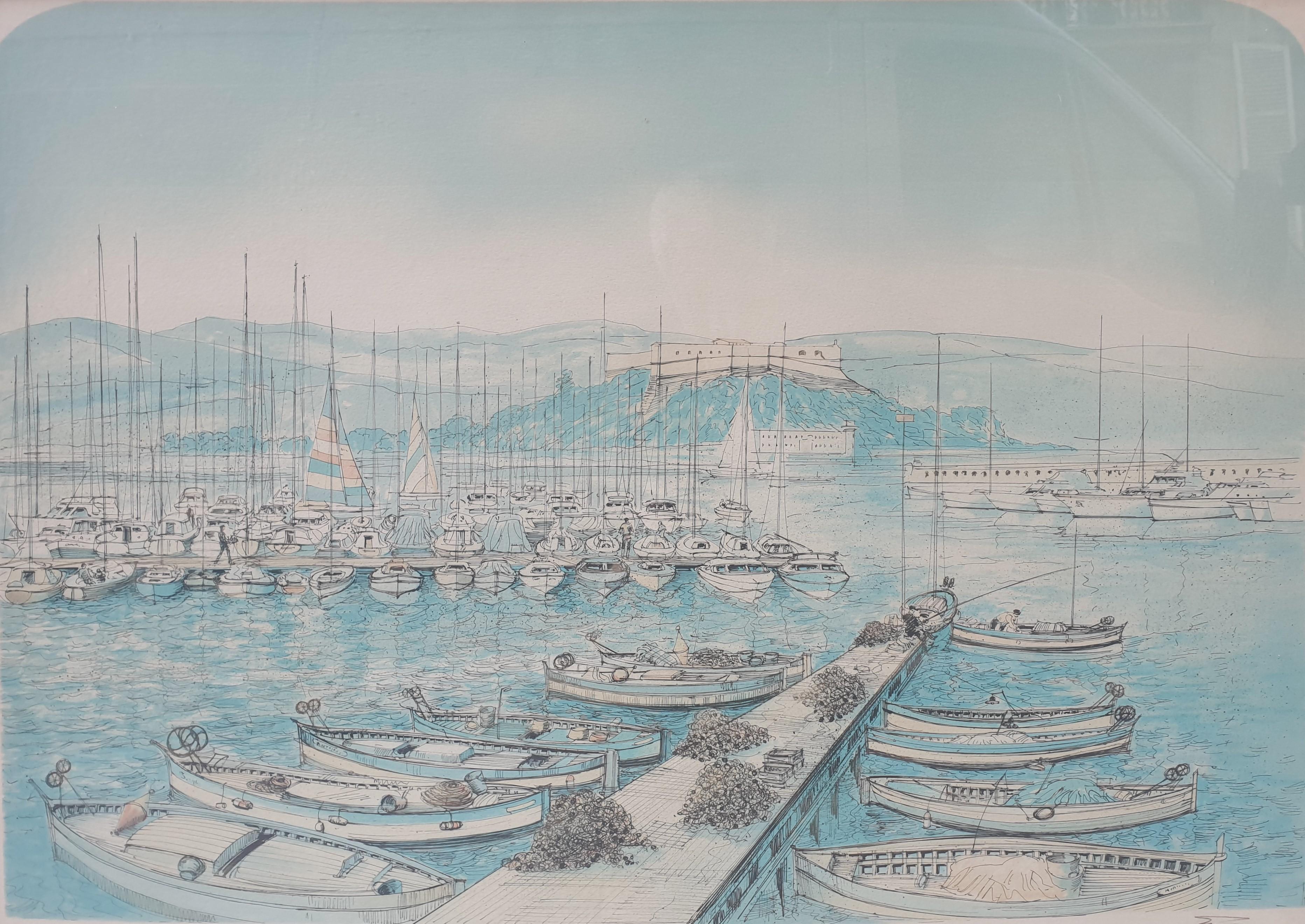 Antibes Azur Coast port boats large Lithography RAFFLEWSKI polish artist 20th  - Print by Rolf RAFFLEWSKI