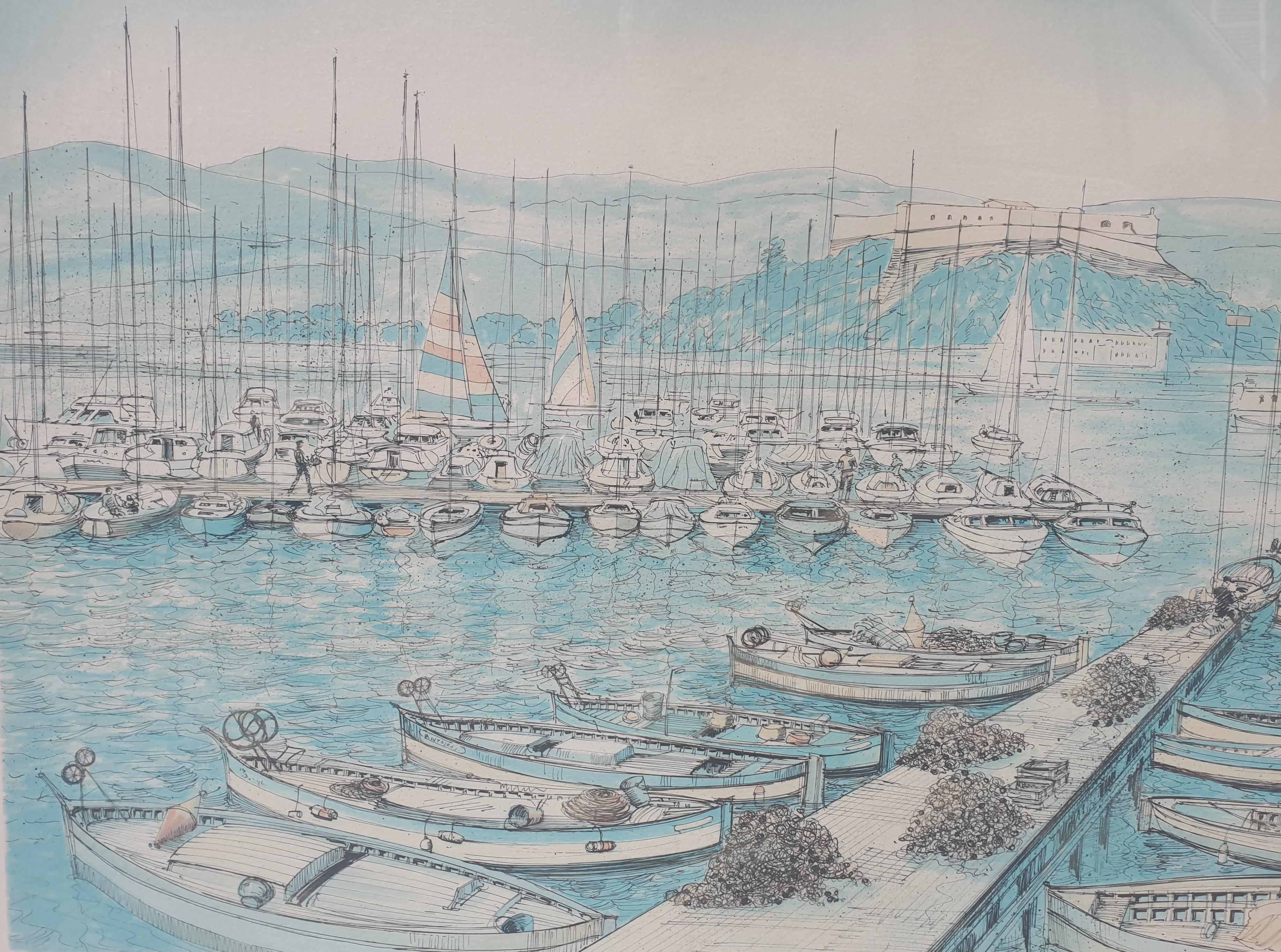 Antibes Azur Coast port boats large Lithography RAFFLEWSKI polish artist 20th  - Modern Print by Rolf RAFFLEWSKI