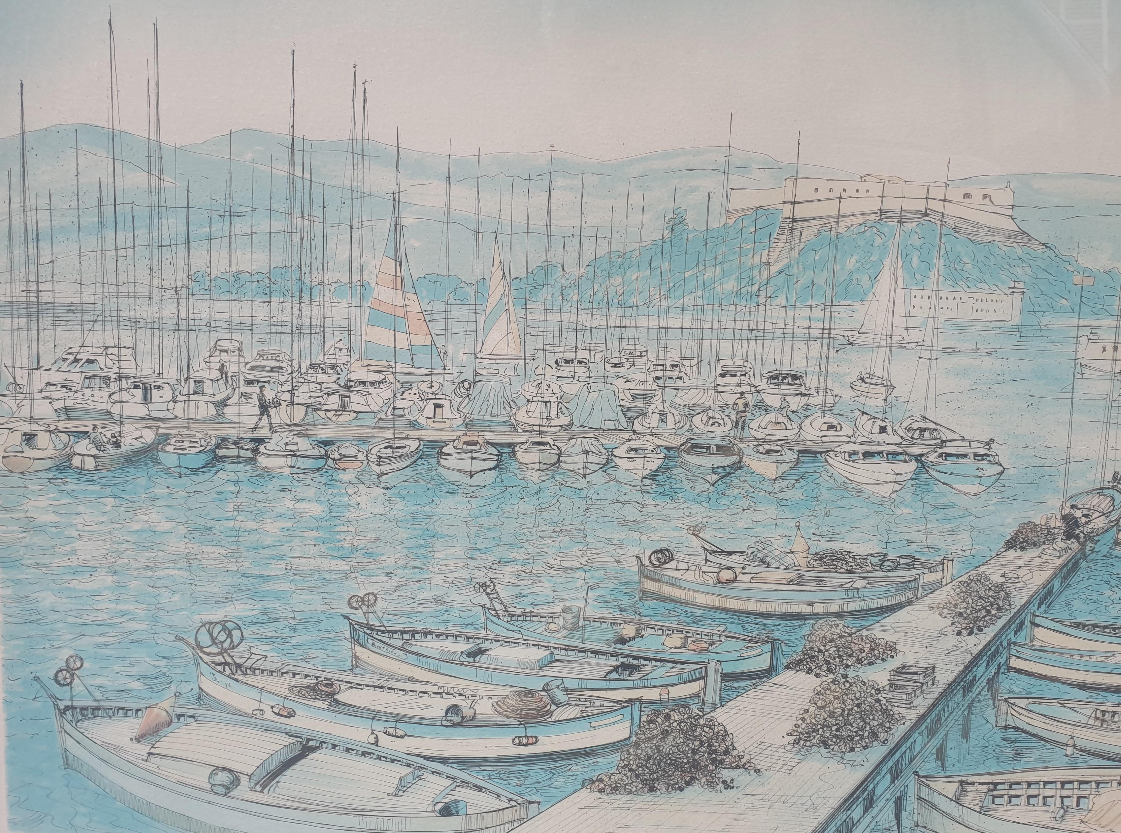 Antibes Azur Costa puerto barcos grande Litografía RAFFLEWSKI artista polaco XX - Print Moderno de Rolf RAFFLEWSKI
